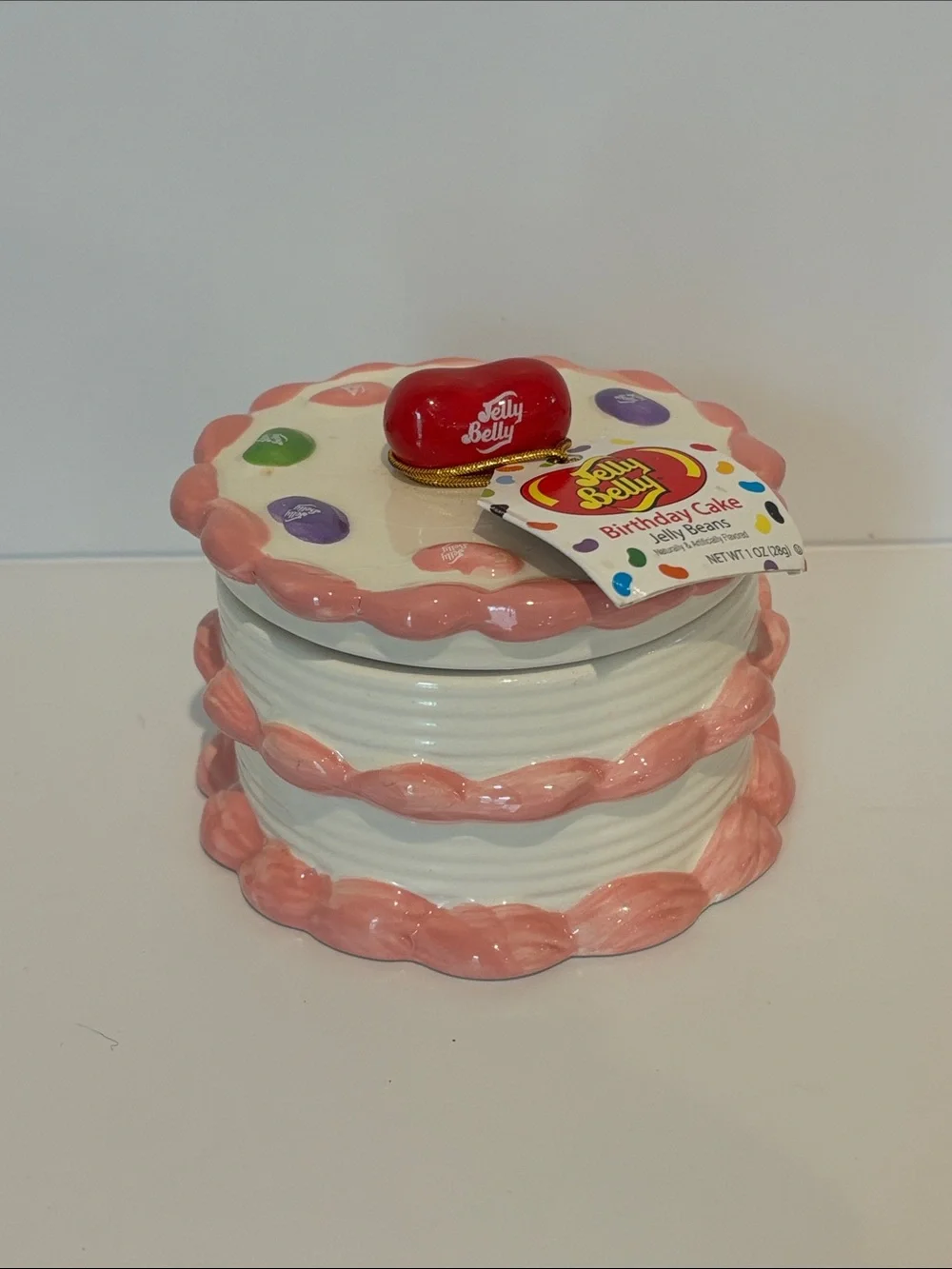 Jelly Belly Birthday Cake Ceramic Candy Jar with Tag – Pink & White Layer Cake